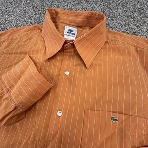 Lacoste Shirt Men's Size 42 Orange White Striped Long Sleeve Button‎ Down